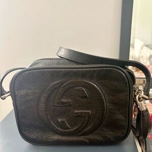 Black Leather Crossbody Bag with Embossed Double-G Motif